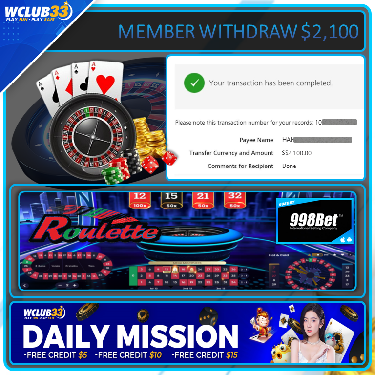 998BET|ROULETTE|WITHDRAW : $2,100