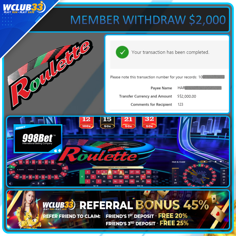 998BET|ROULETTE|WITHDRAW : $2,000