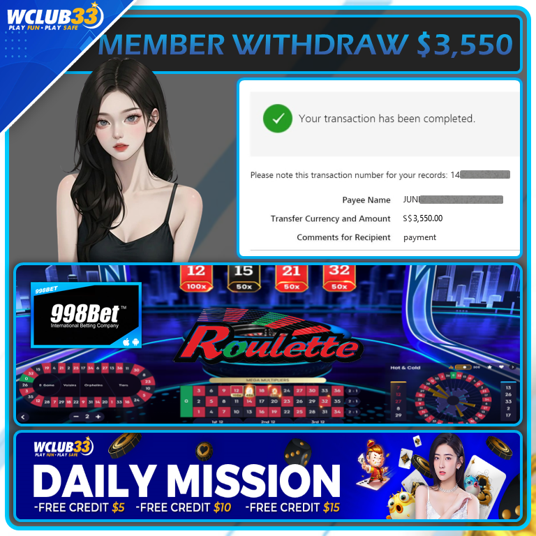 998BET|ROULETTE|WITHDRAW : $3,550