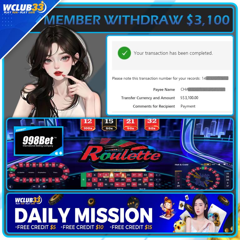 998BET|ROULETTE|WITHDRAW : $3,100