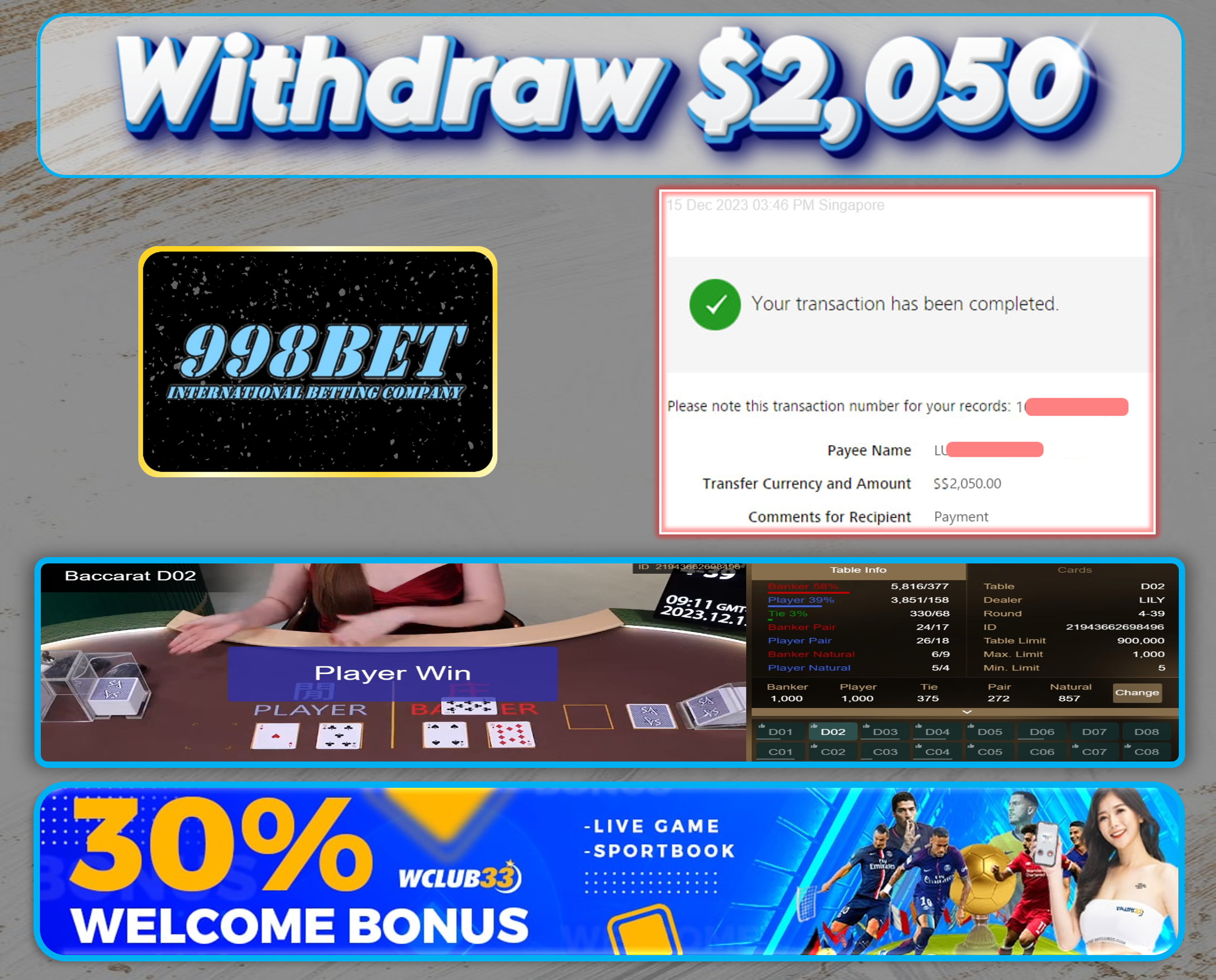 998BET|WITHDRAW : $2,050